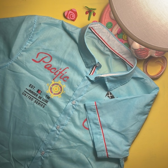 Beachy Teal Blue “Marine Team” Short Sleeve Button Up Shirt 👕 Pacific Coast - Picture 6 of 7